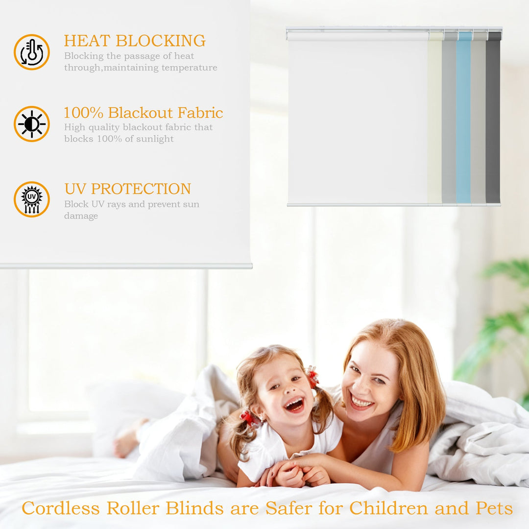 Cordless Roller Shades, 100% Blackout Window Blinds, UV Protection Heat Blocking, Custom, Pull Down Shades Window for Bedroom Living Room Kitchen Bathroom, Easy to Install