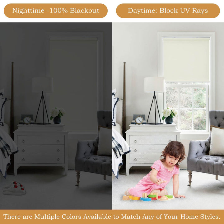 Cordless Roller Shades, 100% Blackout Window Blinds, UV Protection Heat Blocking, Custom, Pull Down Shades Window for Bedroom Living Room Kitchen Bathroom, Easy to Install