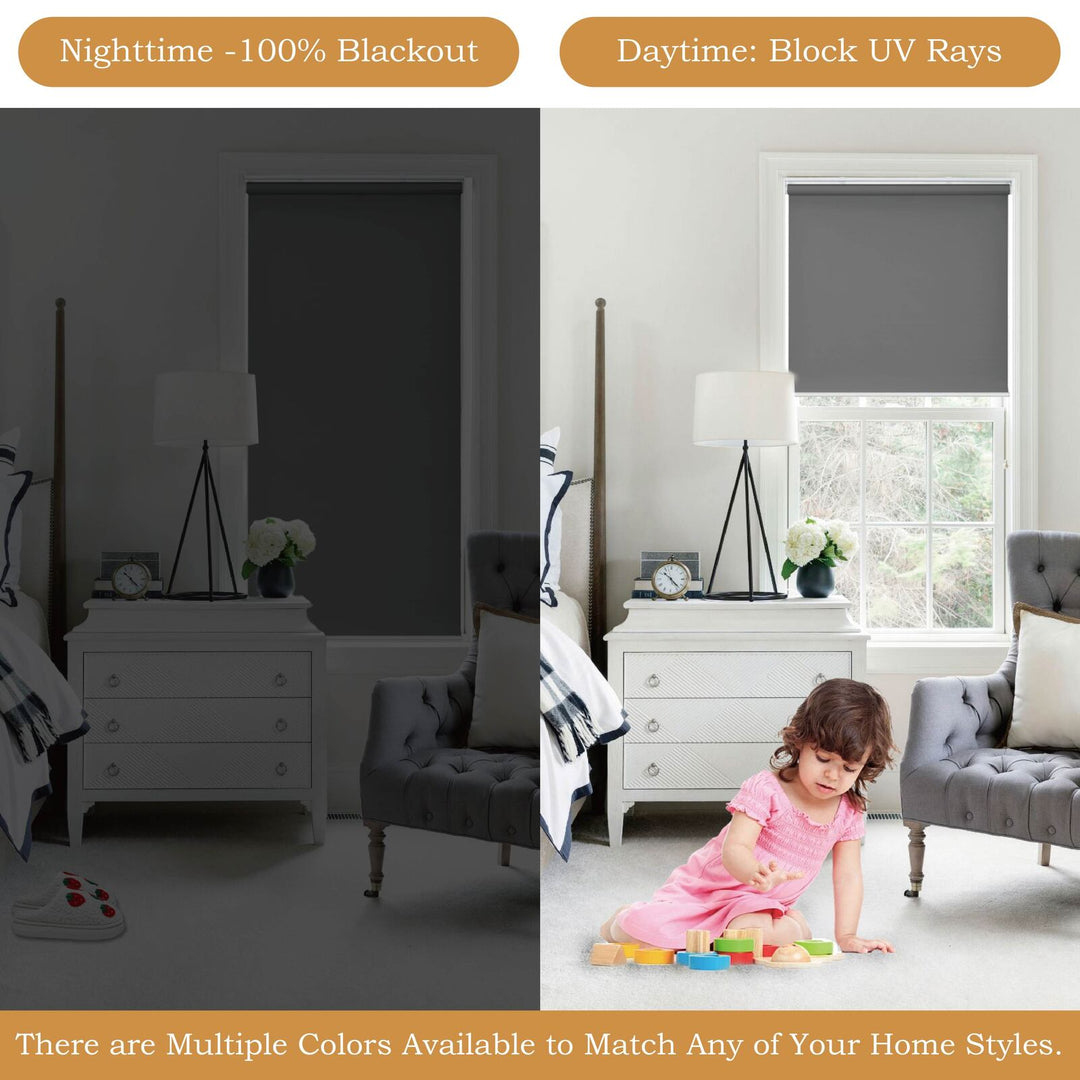 Cordless Roller Shades, 100% Blackout Window Blinds, UV Protection Heat Blocking, Custom, Pull Down Shades Window for Bedroom Living Room Kitchen Bathroom, Easy to Install