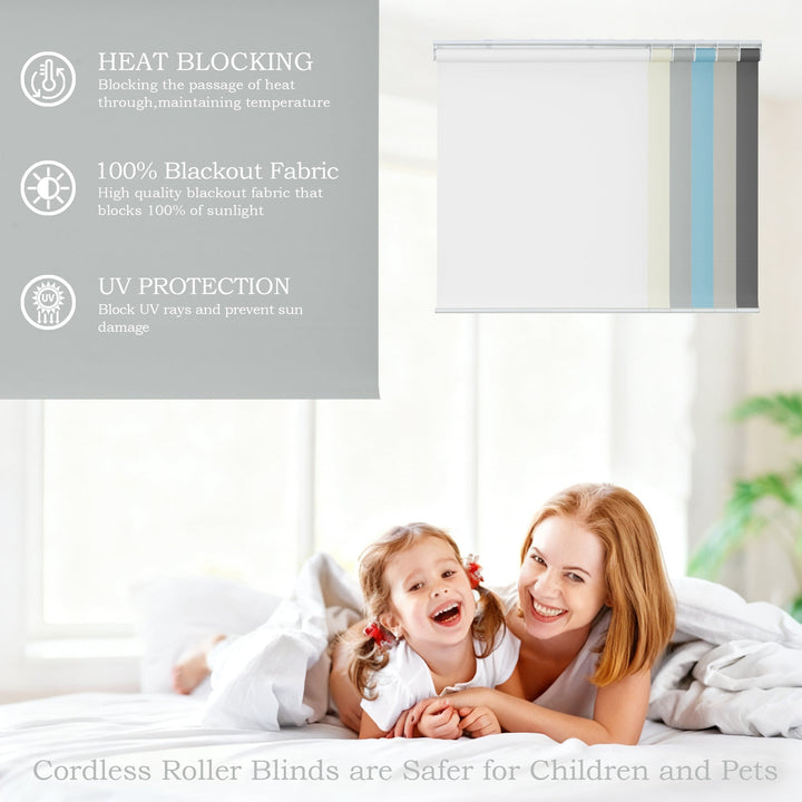 Cordless Roller Shades, 100% Blackout Window Blinds, UV Protection Heat Blocking, Custom, Pull Down Shades Window for Bedroom Living Room Kitchen Bathroom, Easy to Install