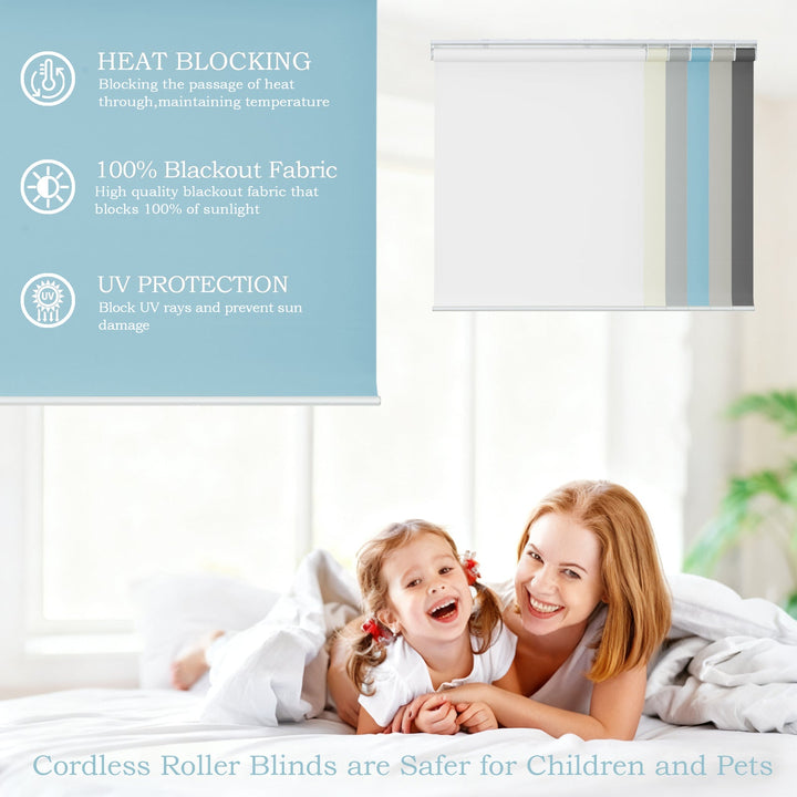 Cordless Roller Shades, 100% Blackout Window Blinds, UV Protection Heat Blocking, Custom, Pull Down Shades Window for Bedroom Living Room Kitchen Bathroom, Easy to Install