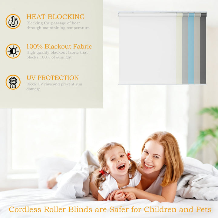Cordless Roller Shades, 100% Blackout Window Blinds, UV Protection Heat Blocking, Custom, Pull Down Shades Window for Bedroom Living Room Kitchen Bathroom, Easy to Install