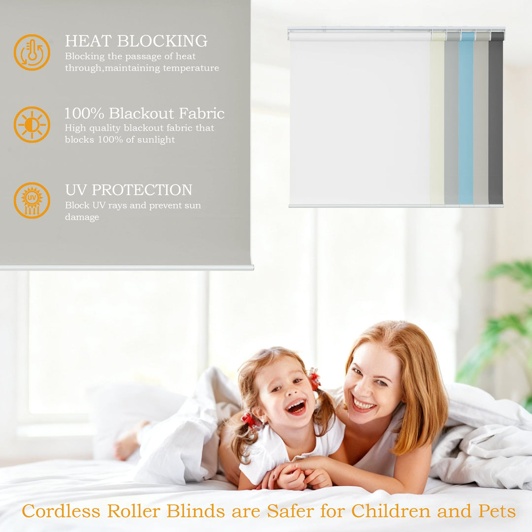 Cordless Roller Shades, 100% Blackout Window Blinds, UV Protection Heat Blocking, Custom, Pull Down Shades Window for Bedroom Living Room Kitchen Bathroom, Easy to Install