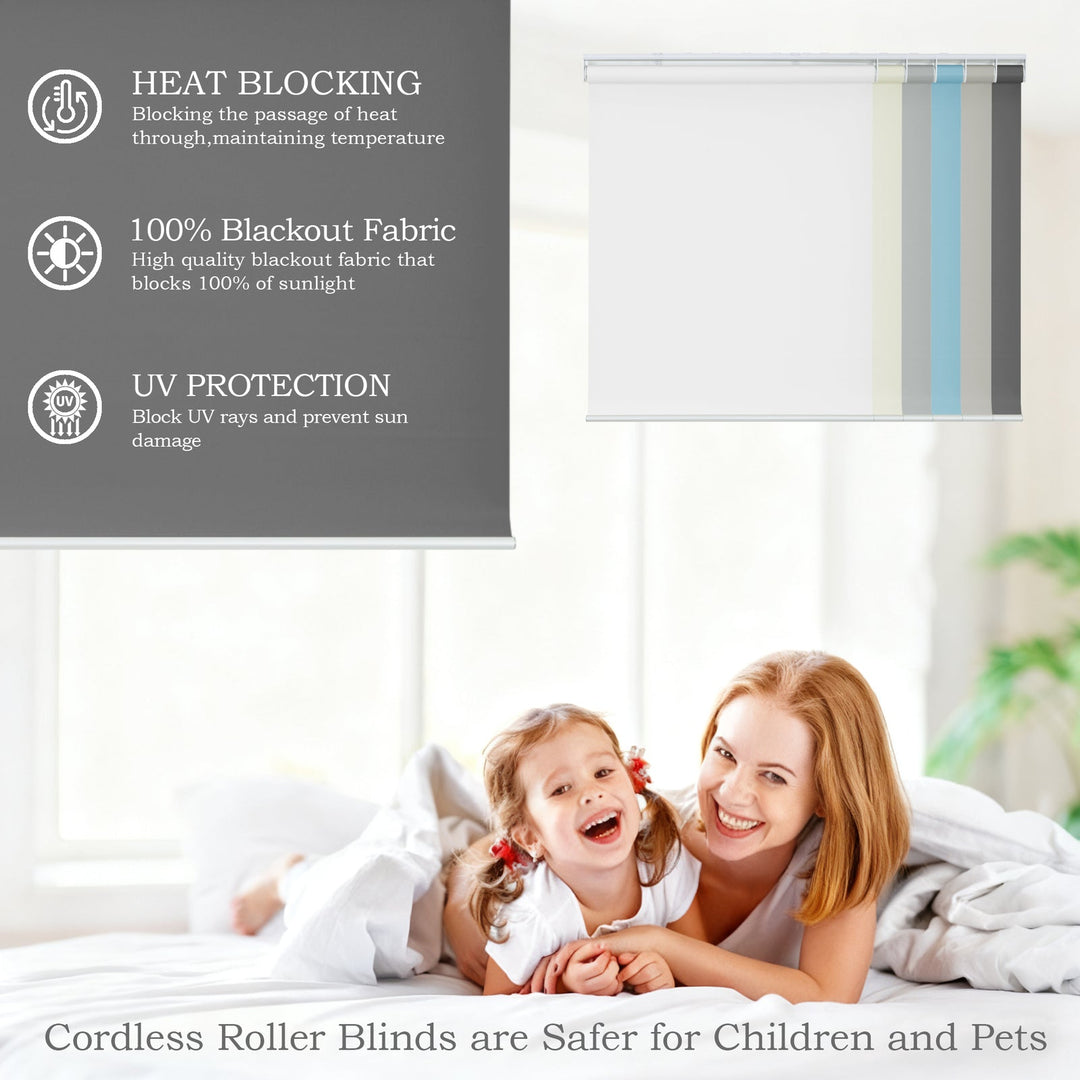 Cordless Roller Shades, 100% Blackout Window Blinds, UV Protection Heat Blocking, Custom, Pull Down Shades Window for Bedroom Living Room Kitchen Bathroom, Easy to Install