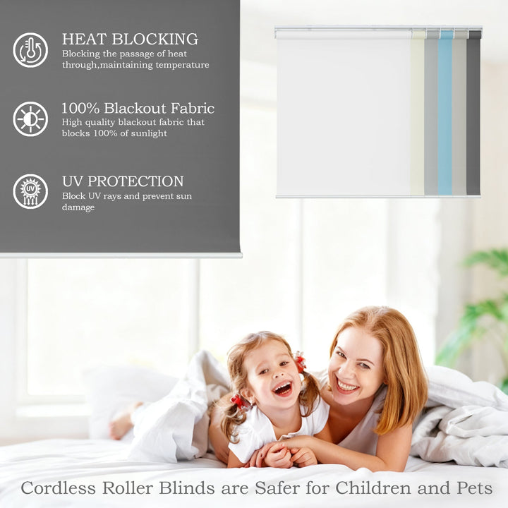 Cordless Roller Shades, 100% Blackout Window Blinds, UV Protection Heat Blocking, Custom, Pull Down Shades Window for Bedroom Living Room Kitchen Bathroom, Easy to Install