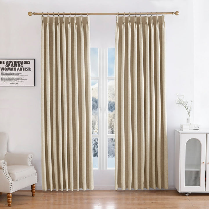 Linen Blended Pinch Pleated Curtains, 100% Blackout with Hooks, Custom Size & Color, Room Darkening Thermal Insulated Drapes for Bedroom, Living Room, 1 Panel