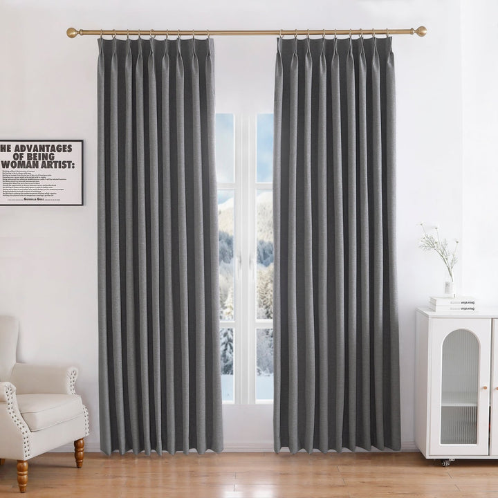 Linen Blended Pinch Pleated Curtains, 100% Blackout with Hooks, Custom Size & Color, Room Darkening Thermal Insulated Drapes for Bedroom, Living Room, 1 Panel
