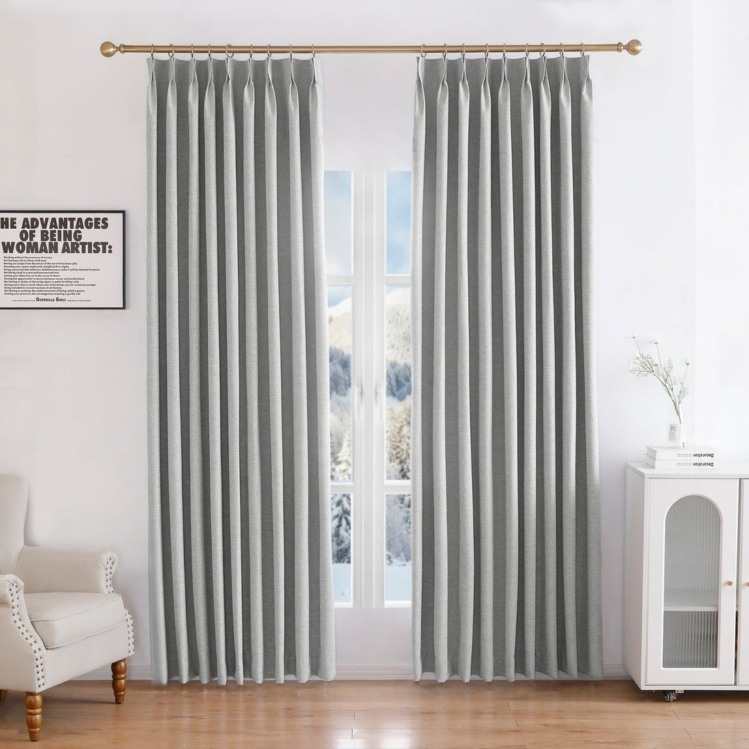 Linen Blended Pinch Pleated Curtains, 100% Blackout with Hooks, Custom Size & Color, Room Darkening Thermal Insulated Drapes for Bedroom, Living Room, 1 Panel