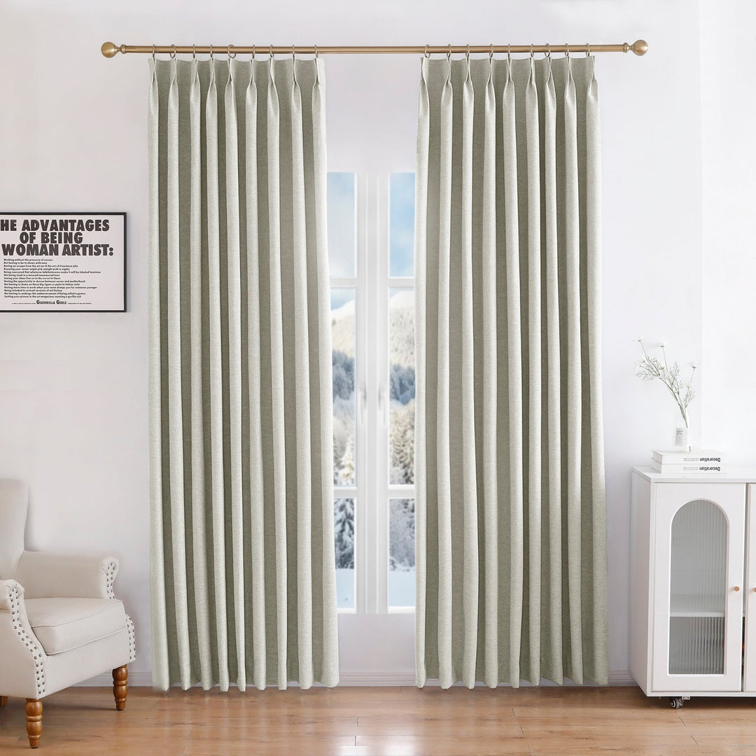 Linen Blended Pinch Pleated Curtains, 100% Blackout with Hooks, Custom Size & Color, Room Darkening Thermal Insulated Drapes for Bedroom, Living Room, 1 Panel