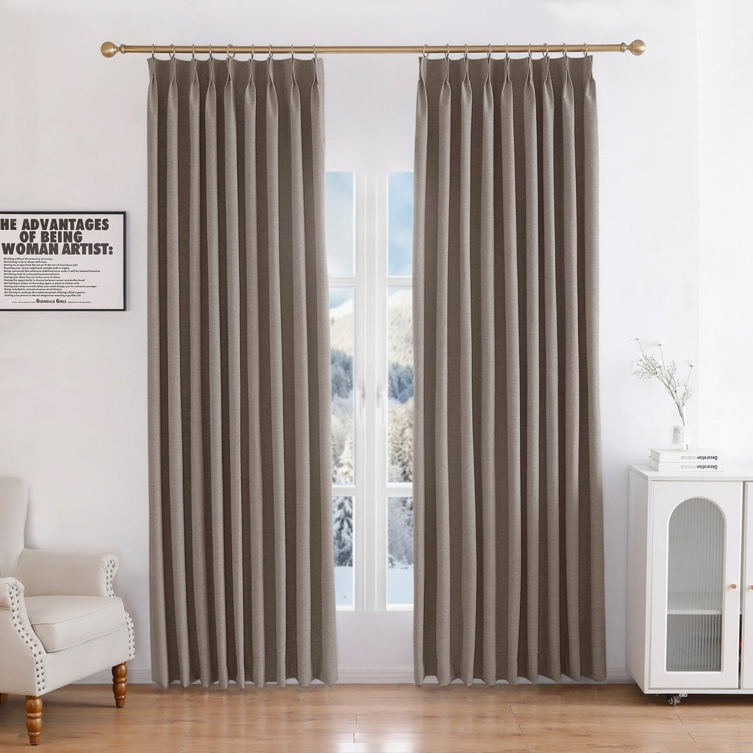 Linen Blended Pinch Pleated Curtains, 100% Blackout with Hooks, Custom Size & Color, Room Darkening Thermal Insulated Drapes for Bedroom, Living Room, 1 Panel