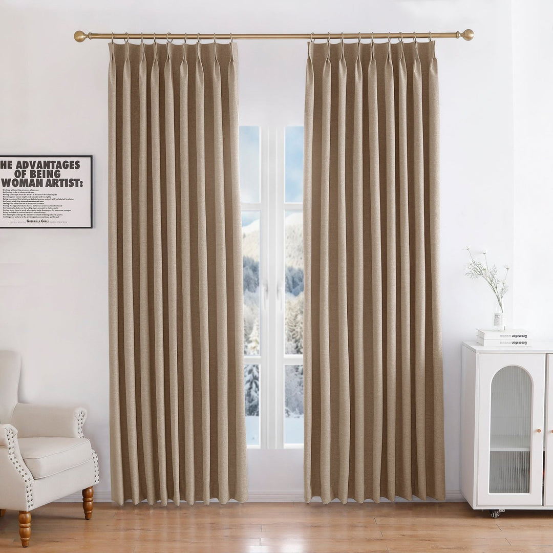 Linen Blended Pinch Pleated Curtains, 100% Blackout with Hooks, Custom Size & Color, Room Darkening Thermal Insulated Drapes for Bedroom, Living Room, 1 Panel