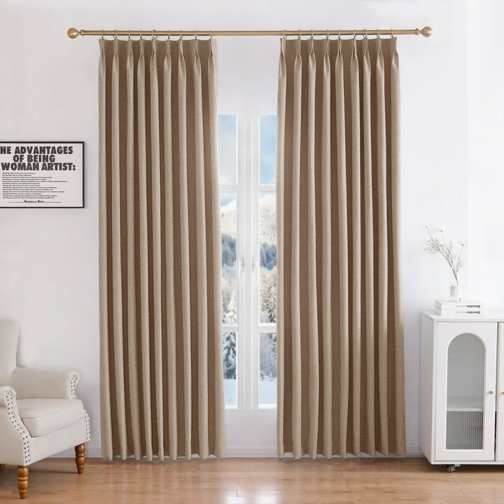 Linen Blended Pinch Pleated Curtains, 100% Blackout with Hooks, Custom Size & Color, Room Darkening Thermal Insulated Drapes for Bedroom, Living Room, 1 Panel