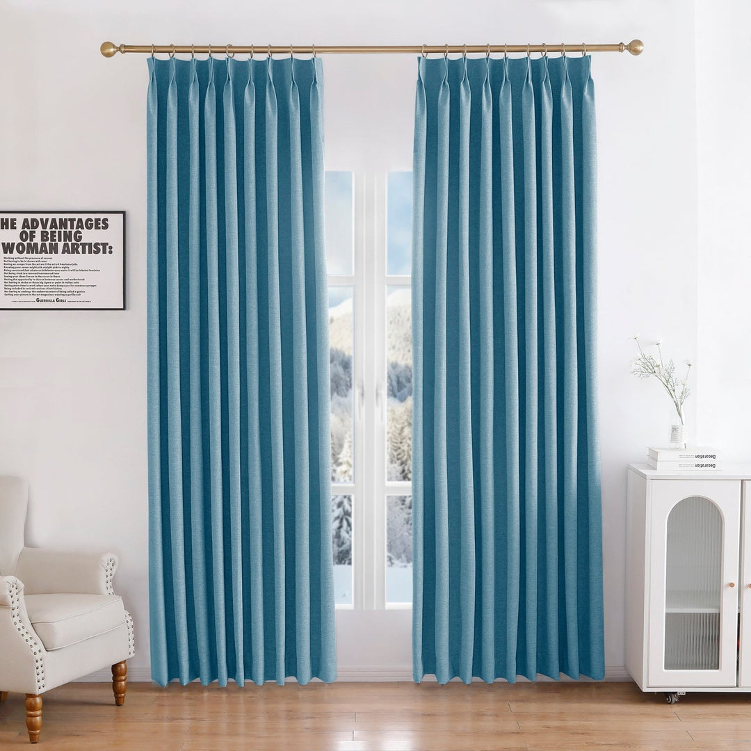Linen Blended Pinch Pleated Curtains, 100% Blackout with Hooks, Custom Size & Color, Room Darkening Thermal Insulated Drapes for Bedroom, Living Room, 1 Panel