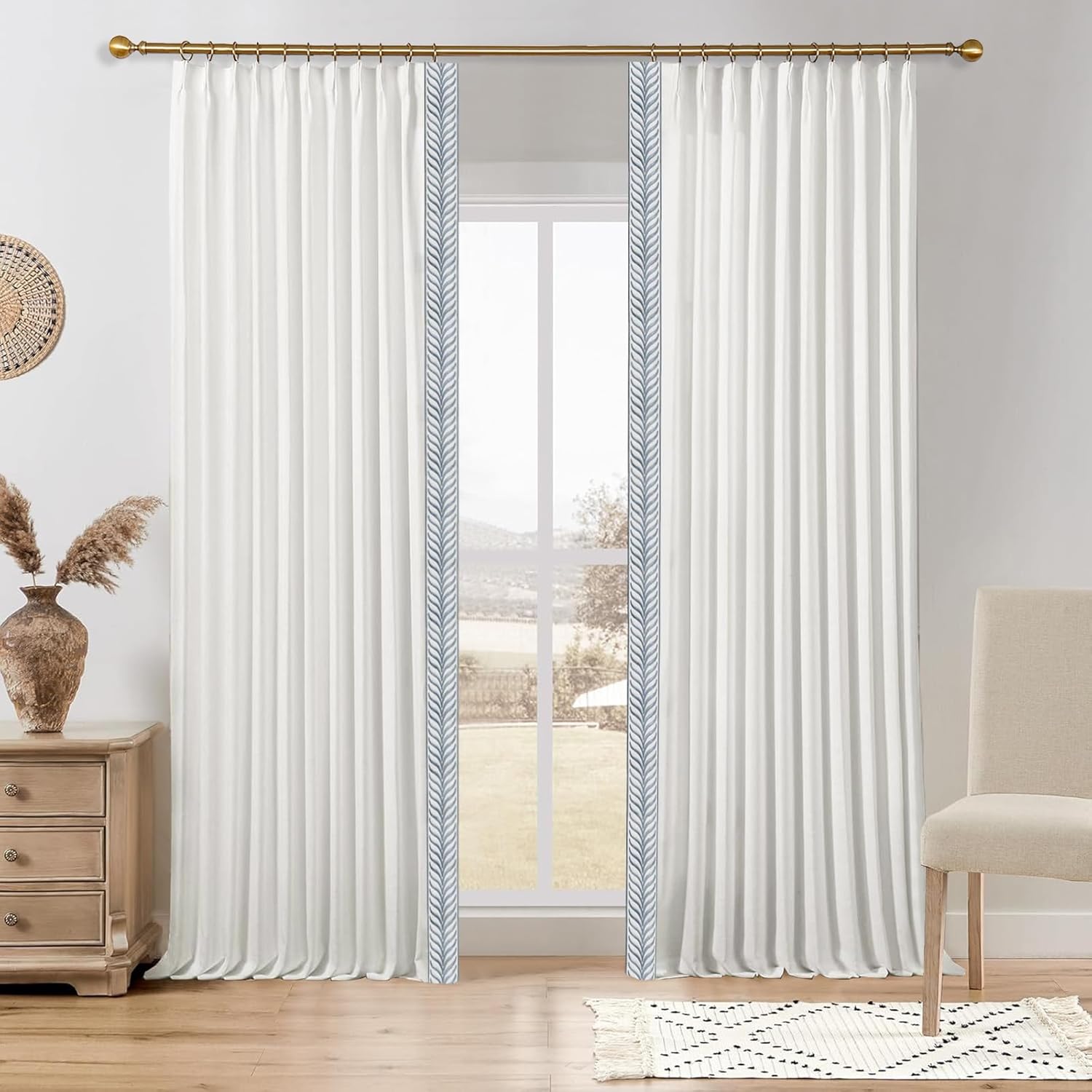 Liz Linen Custom Curtain Drapes with Wave Pattern Embroidery Trim, 1 S ...