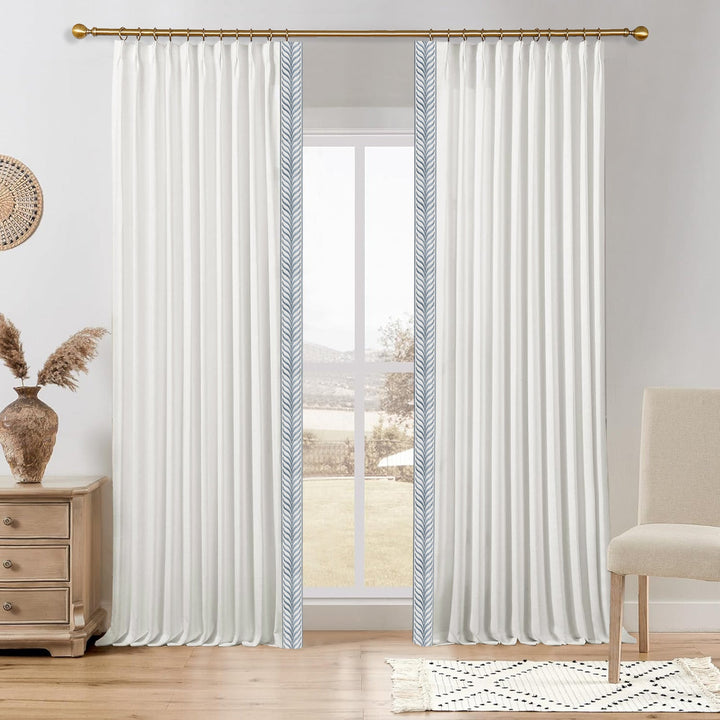 Liz Linen Custom Curtain Drapes with Wave Pattern Embroidery Trim, 1 Set