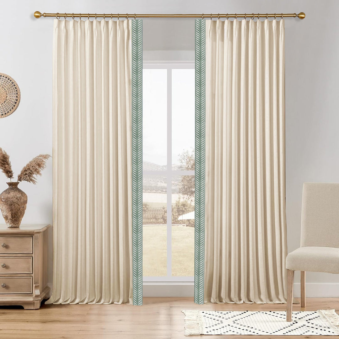 Liz Linen Custom Curtain Drapes with Wave Pattern Embroidery Trim, 1 Set