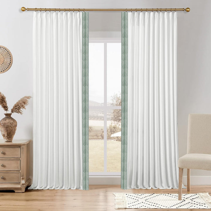 Liz Linen Custom Curtain Drapes with Wave Pattern Embroidery Trim, 1 Set