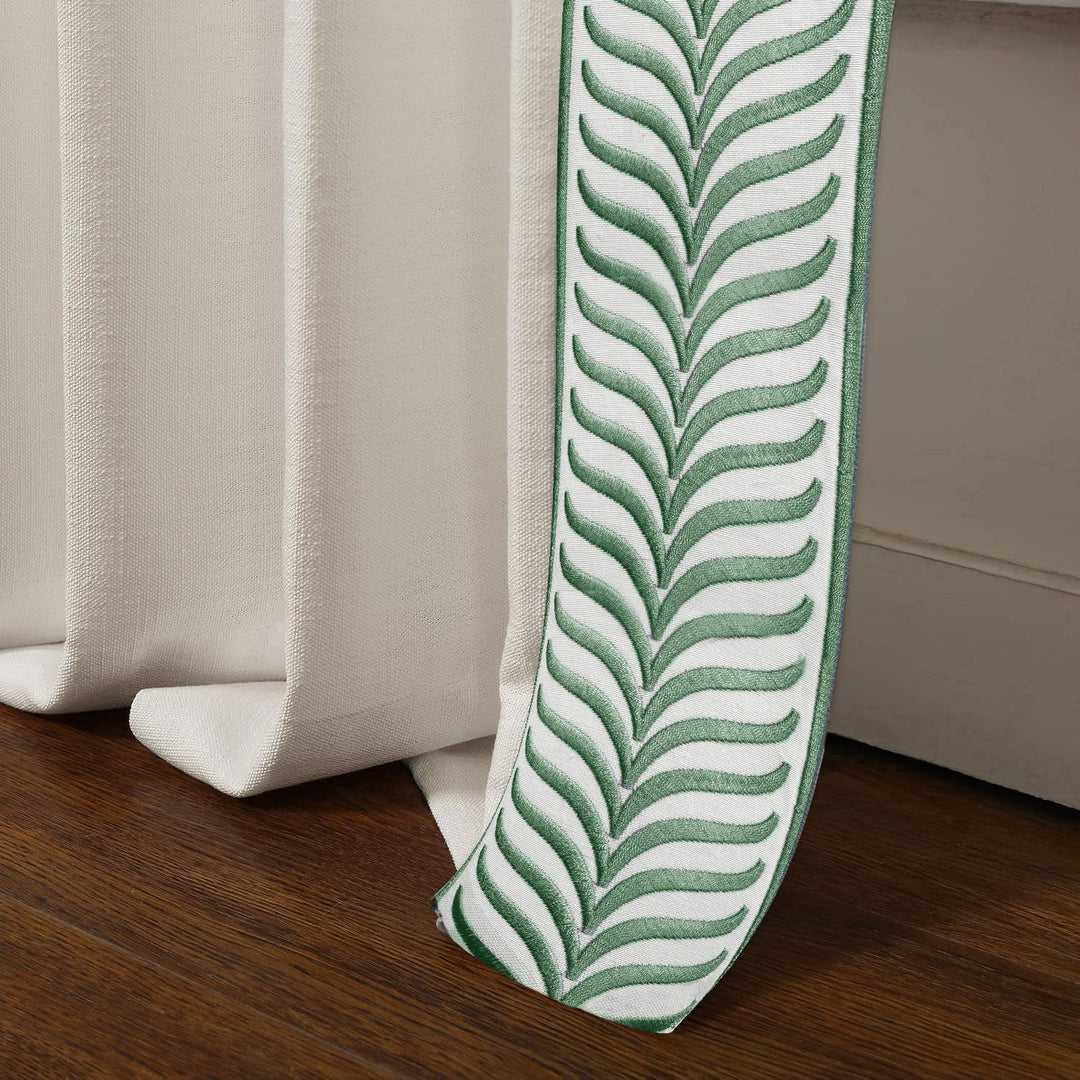 green trimmed curtains pleated