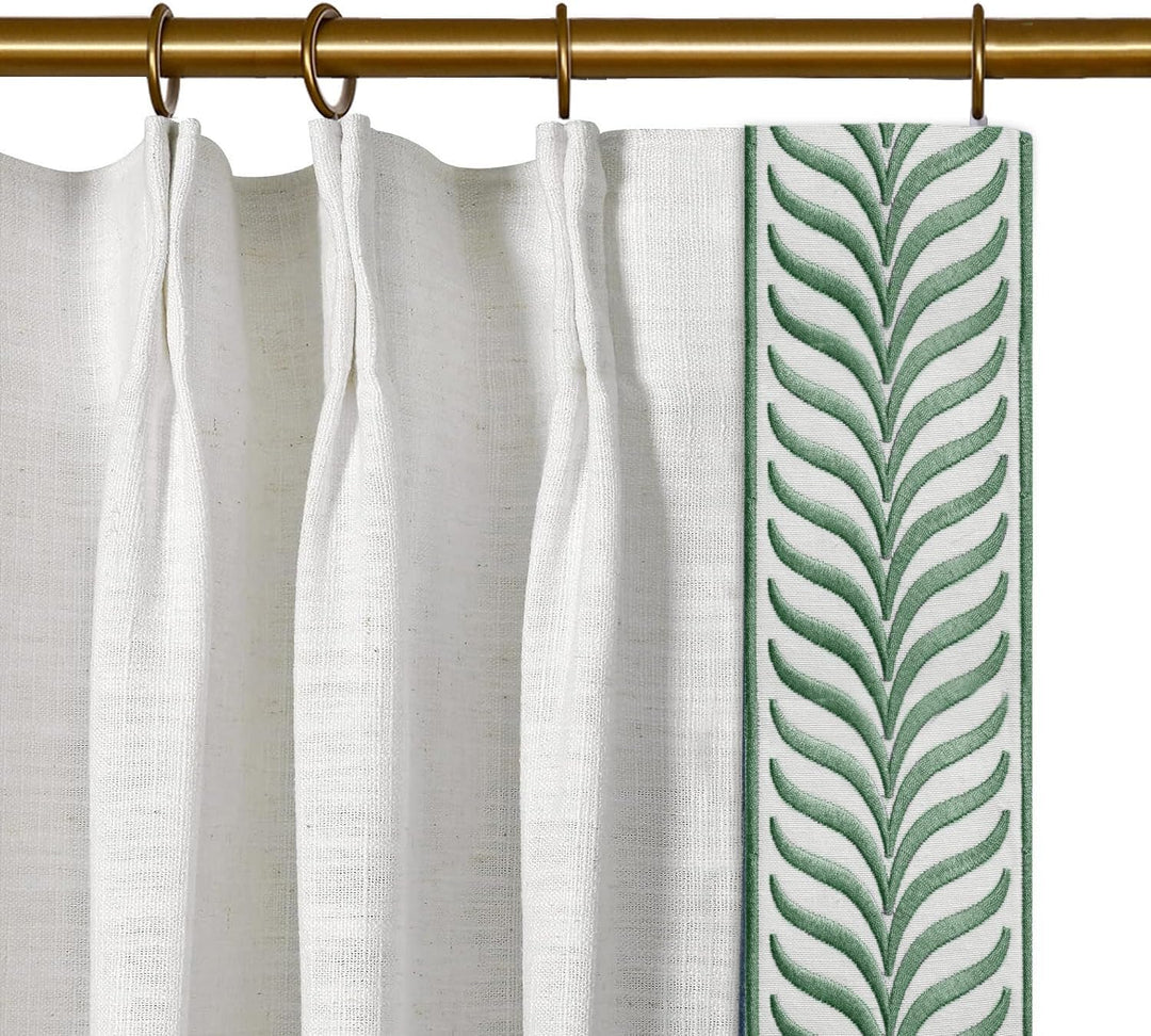 beige white pinch pleat linen curtains with green trim