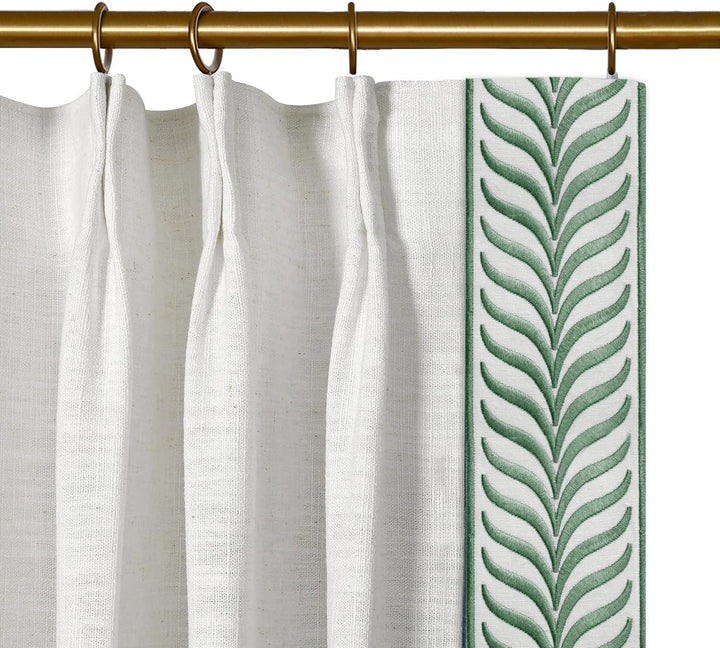 beige white pinch pleat linen curtains with green trim
